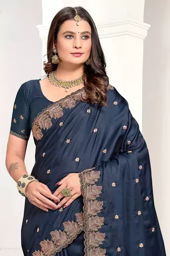 Blue Zari Resham Embroidered Satin Saree With Matching Blouse