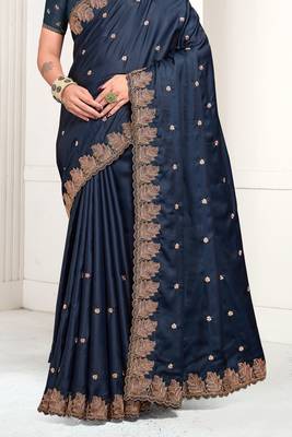 Blue Zari Resham Embroidered Satin Saree With Matching Blouse 4