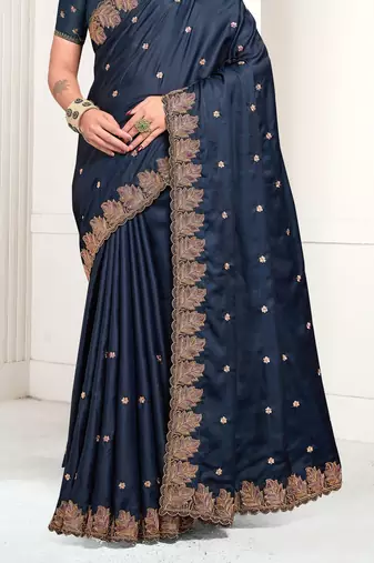 Blue Zari Resham Embroidered Satin Saree With Matching Blouse