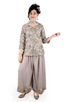 Aura girls grey heavy embroidery work jacket palazoo suit set 1
