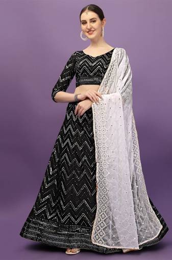 Women Black & Silver-Toned Semi-Stitched Lehenga & Unstitched Blouse With Dupatta