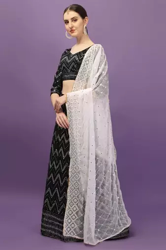 Women Black & Silver-Toned Semi-Stitched Lehenga & Unstitched Blouse With Dupatta