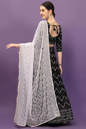 Women Black & Silver-Toned Semi-Stitched Lehenga & Unstitched Blouse With Dupatta
