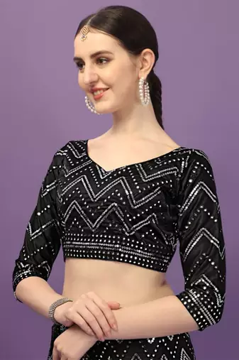 Women Black & Silver-Toned Semi-Stitched Lehenga & Unstitched Blouse With Dupatta