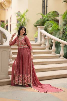 Pink Designer Kurti Duptta With sharara Embroidery Zari Sequins Work 5