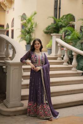 Dark purple Designer Kurti Duppta With sharara Embroidery Zari Sequins Work 1