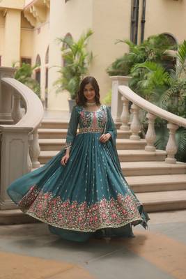Sea green Designer Kurti Duppta With sharara Embroidery Zari Sequins Work 1