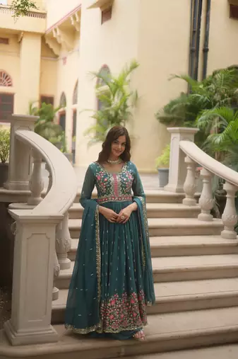 Sea green Designer Kurti Duppta With sharara Embroidery Zari Sequins Work