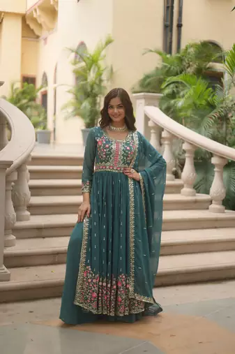 Sea green Designer Kurti Duppta With sharara Embroidery Zari Sequins Work