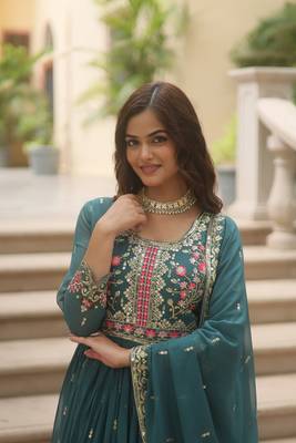Sea green Designer Kurti Duppta With sharara Embroidery Zari Sequins Work 6