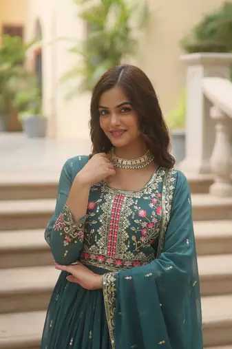 Sea green Designer Kurti Duppta With sharara Embroidery Zari Sequins Work