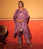 Lilac hand-embroidered kaftan set with brocade bottoms