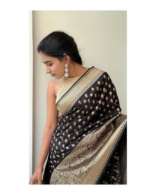 Black color silk blend saree with blouse 2