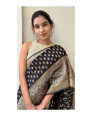 Black color silk blend saree with blouse 1