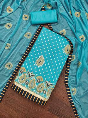 blue chanderi modal handwork unstitched dress material 1