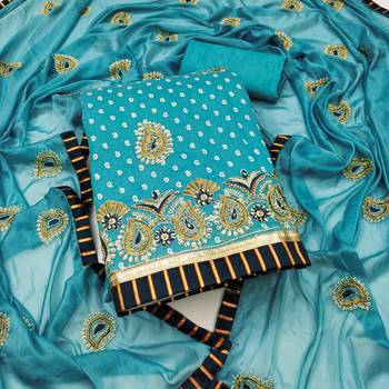 blue chanderi modal handwork unstitched dress material 2