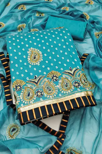 blue chanderi modal handwork unstitched dress material