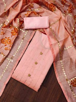 peach modal swaroski work work unstitched dress material 1