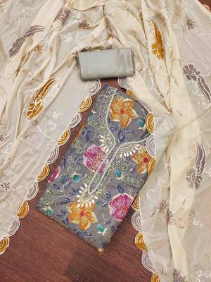 grey viscose organza handwork unstitched dress material 1