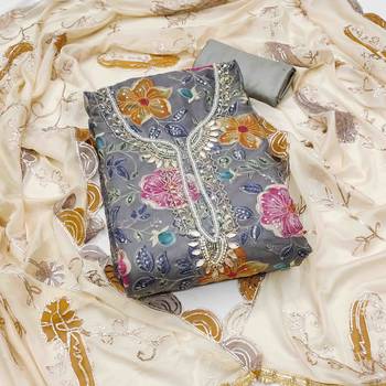 grey viscose organza handwork unstitched dress material 2