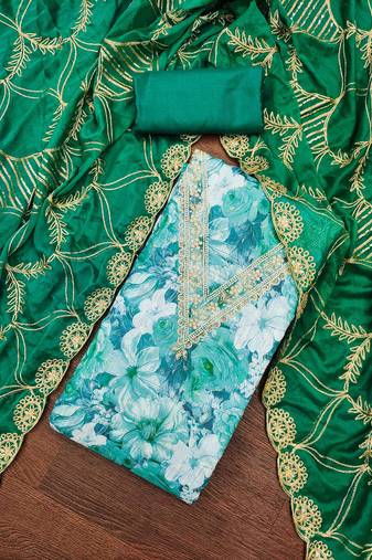 green viscose banarasi handwork unstitched dress material