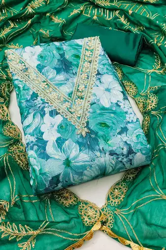 green viscose banarasi handwork unstitched dress material