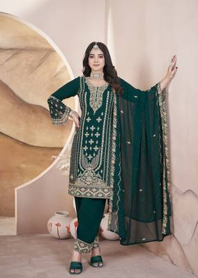 Green embroidered with diamond work georgette palazzo straight pakistani a-line stitched salwar suit dupatta 1