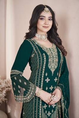 Green embroidered with diamond work georgette palazzo straight pakistani a-line stitched salwar suit dupatta 2