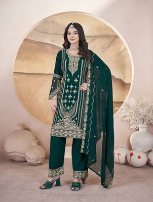 Green embroidered with diamond work georgette palazzo straight pakistani a-line stitched salwar suit dupatta 4