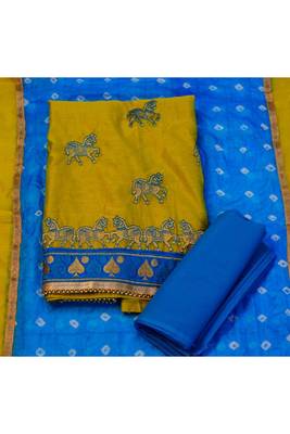 Green embroidered chanderi salwar with bandhani dupatta unstitched 1