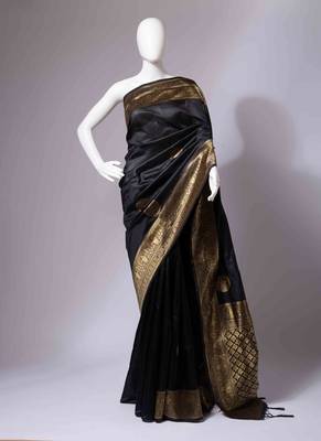 Black saree with gold zari polka dots 5