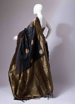 Black saree with gold zari polka dots 6