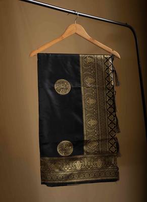Black saree with gold zari polka dots 7