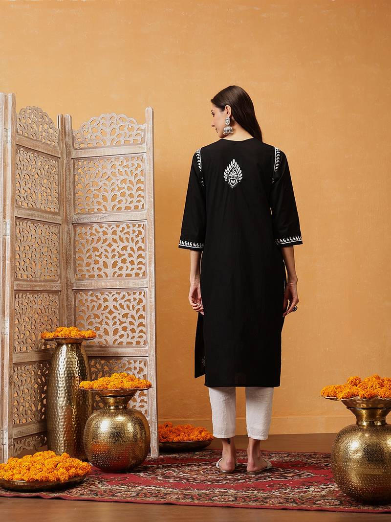 Hand embroidered black cotton lucknowi chikankari straight kurta