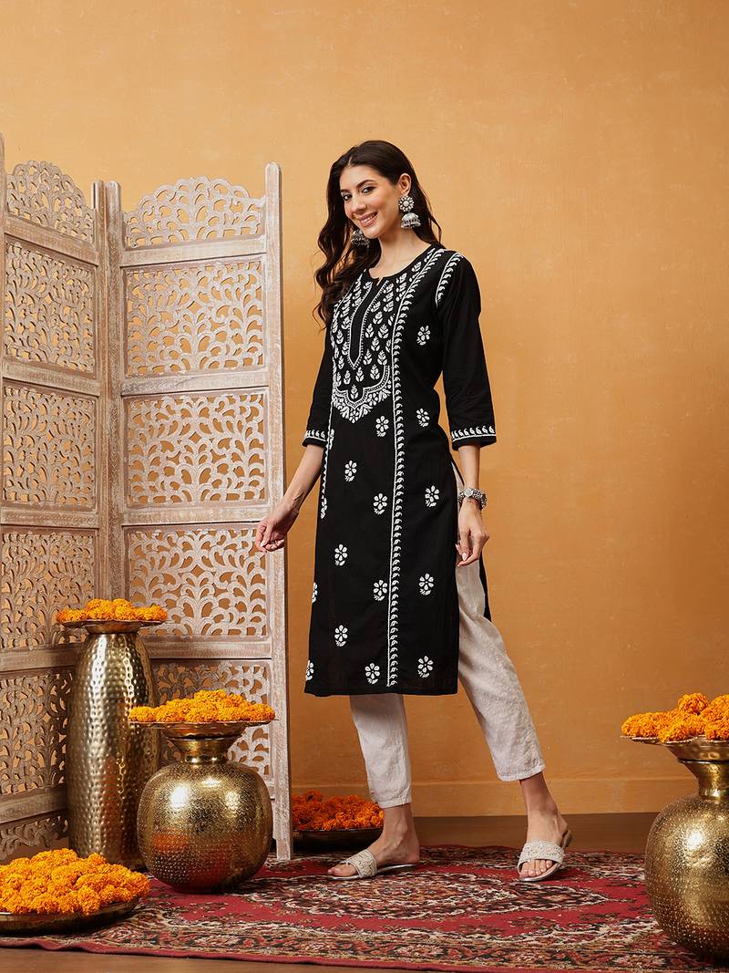 Hand embroidered black cotton lucknowi chikankari straight kurta
