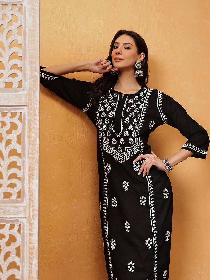Hand embroidered black cotton lucknowi chikankari straight kurta