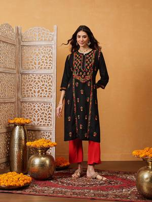 Hand embroidered black cotton lucknowi chikankari straight kurta 1