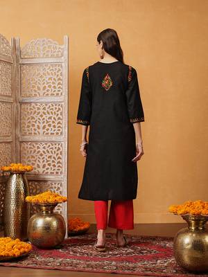 Hand embroidered black cotton lucknowi chikankari straight kurta 3