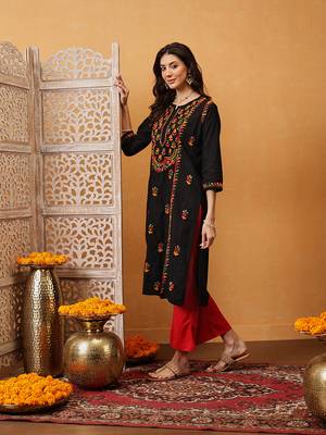 Hand embroidered black cotton lucknowi chikankari straight kurta 4