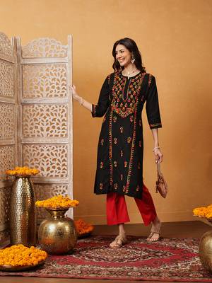 Hand embroidered black cotton lucknowi chikankari straight kurta 5