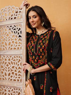 Hand embroidered black cotton lucknowi chikankari straight kurta 6