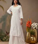 Hand embroidered white cotton lucknowi chikankari straight kurta