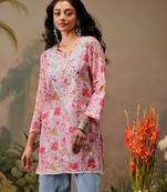 Hand embroidered floral printed pink cotton lucknowi chikankari short kurti