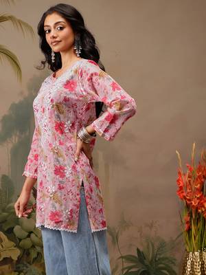Hand embroidered floral printed pink cotton lucknowi chikankari short kurti 3
