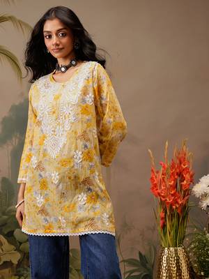 Hand embroidered floral printed yellow cotton lucknowi chikankari short kurti 1