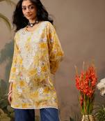 Hand embroidered floral printed yellow cotton lucknowi chikankari short kurti