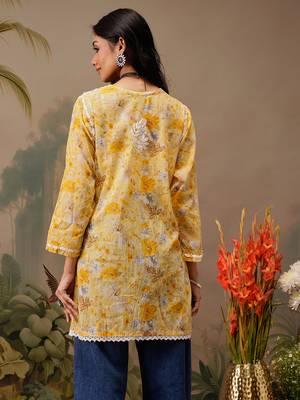 Hand embroidered floral printed yellow cotton lucknowi chikankari short kurti 2