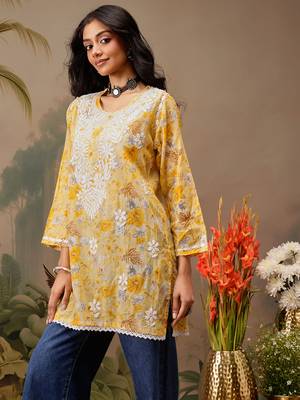 Hand embroidered floral printed yellow cotton lucknowi chikankari short kurti 3