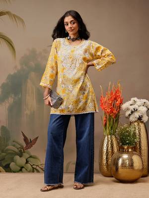 Hand embroidered floral printed yellow cotton lucknowi chikankari short kurti 4