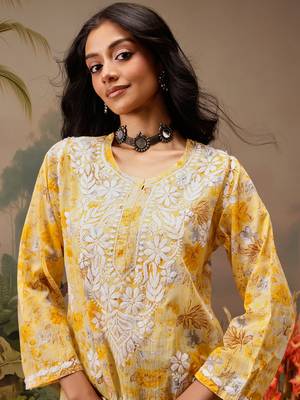Hand embroidered floral printed yellow cotton lucknowi chikankari short kurti 5